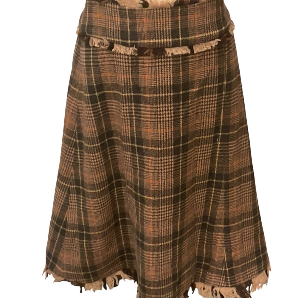 TORI BURCH Plaid Fringe Midi Skirt 8 Brown/Black $495 Retail EUC - Picture 2 of 12